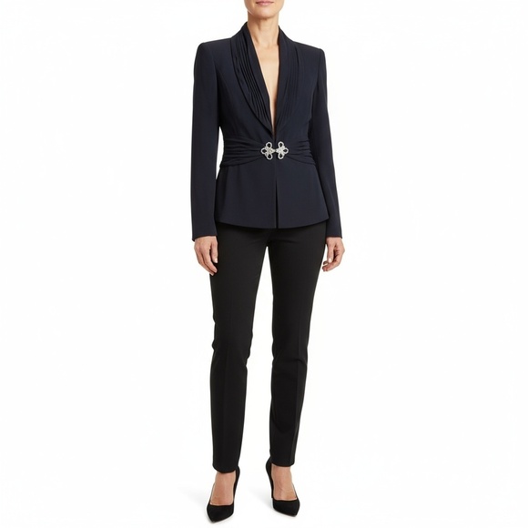 Escada Jackets & Blazers - Dark Navy Escada Draped Blazer Rhinestone Clasp Evening Formal, Size 40